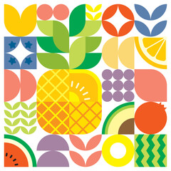 Geometric summer fresh fruit cut artwork poster with colorful simple shapes. Scandinavian style flat abstract vector pattern design. Minimalist illustration of a ripe pineapple on a white background.