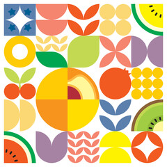 Geometric summer fresh fruit cut artwork poster with colorful simple shapes. Scandinavian style flat abstract vector pattern design. Minimalist illustration of a apricot on a white background.