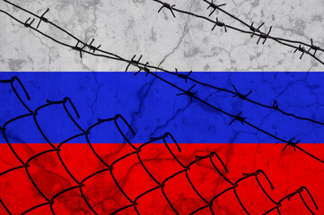 Russia sanctions. Abstract russian flag behind bars and barbed wire fence. War aggression conflict concept. Russians prison