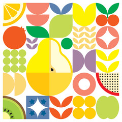 Geometric summer fresh fruit cut artwork poster with colorful simple shapes. Scandinavian style flat abstract vector pattern design. Minimalist illustration of a yellow pear on a white background.