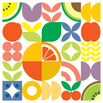 Geometric summer fresh fruit cut artwork poster with colorful simple shapes. Scandinavian style flat abstract vector pattern design. Minimalist illustration of a grapefruit ruby on a white background.