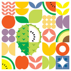 Geometric summer fresh fruit cut artwork poster with colorful simple shapes. Scandinavian style flat abstract vector pattern design. Minimalist illustration of a soursop on a white background.