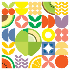 Geometric summer fresh fruit cut artwork poster with colorful simple shapes. Scandinavian style flat abstract vector pattern design. Minimalist illustration of a coconut on a white background.