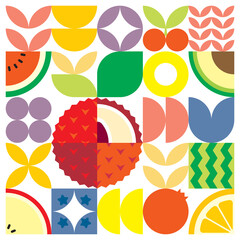Geometric summer fresh fruit cut artwork poster with colorful simple shapes. Scandinavian style flat abstract vector pattern design. Minimalist illustration of a lychee on a white background.