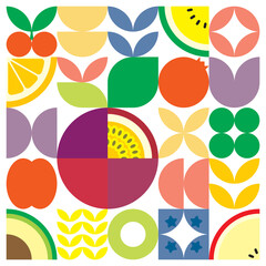 Geometric summer fresh fruit artwork poster with colorful simple shapes. Scandinavian style flat abstract vector pattern design. Minimalist illustration of a purple passion fruit on white background.