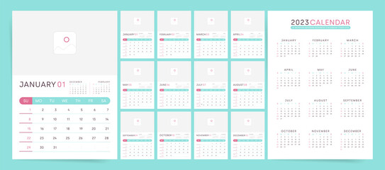 2023 year calendar template with notes and place for photo or brand image. Vector 2023 planner organizer with free copy space and notes space.	 - obrazy, fototapety, plakaty