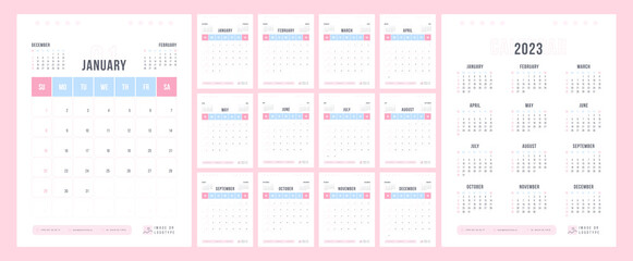 Calendar template for 2023 year. Week starts on Sunday. Wall planner with photo image. Corporate or business calendar. 2023 calendar in minimal business style for. English vector calendar.	 - obrazy, fototapety, plakaty