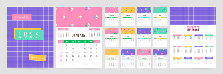 Wall creative 2023 year calendar with gaming geometric pattern design. Colorful vector abstract school calendar template for 12 months. Monthly cute fun 2023 calendar.	 - obrazy, fototapety, plakaty