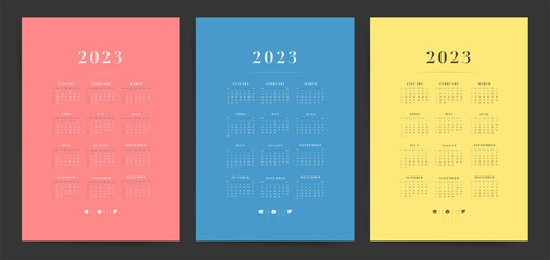 Set of 2023 year modern colorful calendars. Vector calendars card. English, Week starts on Sunday. Grid planner.	