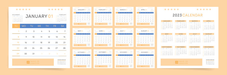 Square calendar and planner for 2023 year. Vector template for 12 months. Week starts on Sunday. Blue and yellow corporate colors. 