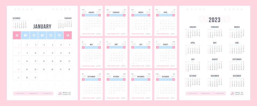 Calendar template for 2023 year. Week starts on Sunday. Wall planner with photo image. Corporate or business calendar. 2023 calendar in minimal business style for. English vector calendar.	