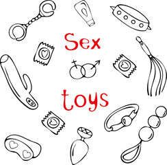Doodle illustration with sextoys element for sex shop. 
Vector clipart set.