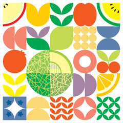Geometric summer fresh fruit cut artwork poster with colorful simple shapes. Scandinavian style flat abstract vector pattern design. Minimalist illustration of a melon on a white background.
