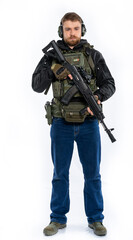 Fototapeta premium soldier, airsoft player in full gear with a machine gun. a man in headphones, a bulletproof vest, with a backpack and a full-length belt. White background.