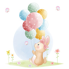 Cute bunny holding balloons watercolor illustration