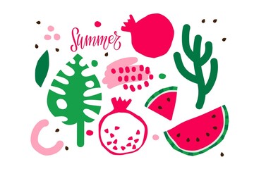 Set of summer seasonal fruits. Watermelon, pomegranate, tropical leaf hand drawn sketch isolated. Organic food and Abstract geometries vector illustration. Elements For poster, banner, coupon, card.