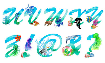 Alphabet numbers set with blue watercolor fill and with cute sea animals with corals.The set is suitable for greeting cards, invitations, for design works,crafts and hobbies.