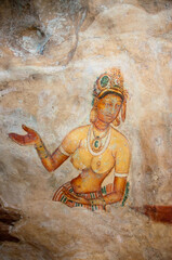 Ancient paintings frescoes in sigiriya rock fortress Dambulla, Sri Lanka