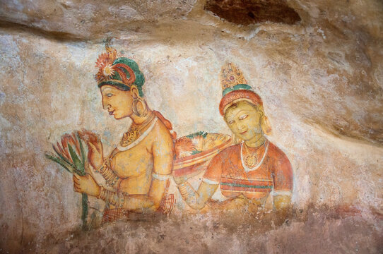 Ancient paintings frescoes in sigiriya rock fortress Dambulla, Sri Lanka