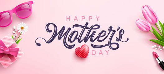 Mother's Day Poster or banner with sweet hearts,flower and pink gift box on pink background.Promotion and shopping template or background for Love and Mother's day concept.Vector illustration eps 10