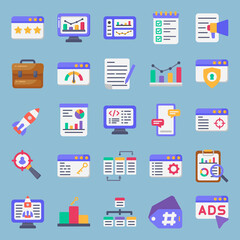 Flat web icons set - seo, search engine optimization. Stylish colorfull icons.