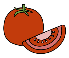 Whole and slice of red tomato doodle cartoon style illustration. For menu, farmers market design, cookbook decoration, stickers etc.