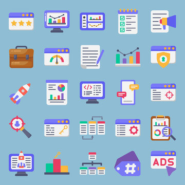 Flat web icons set - seo, search engine optimization. Stylish colorfull icons.