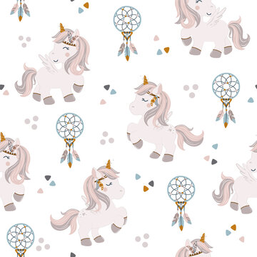 Cute unicorn and dream catcher in boho style seamless pattern.  Design for scrapbooking, decoration, cards, paper goods, background, wallpaper, wrapping, fabric and all your creative projects
