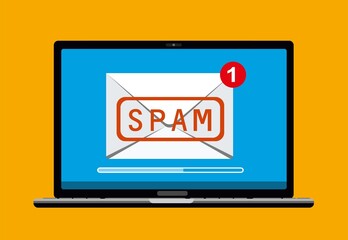 letter with email spam warning appear on laptop computer screen, concept of virus malware software, piracy hacking and security, flat design vector illustration