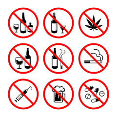 Sign forbidden drugs and alcohols in a red crossed-out circle, no drugs, no alcohol, no smoke
