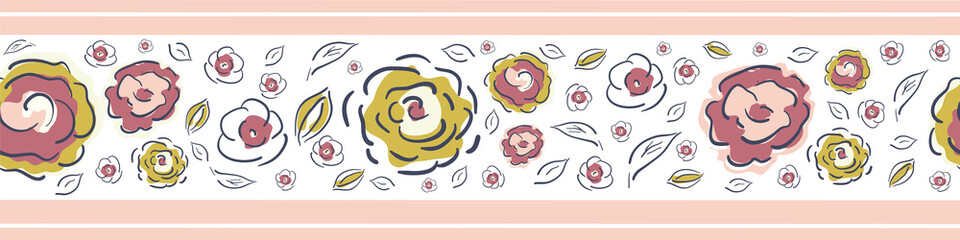 Peony blossom and leaves vector seamless border.Banner with scattered cottage flowers and foliage in stripe style. Line art botanical garden flower cottagecore aesthetic for ribbon, trim, edging