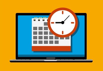 Vector calendar and clock icon on laptop. Schedule, appointment, important date concept. Modern flat illustration