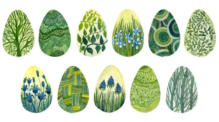 Watercolor hand drawn isolated elements on white background. Easter eggs with botanical design