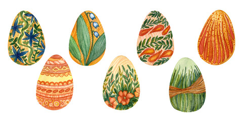 Watercolor hand drawn isolated elements on white background. Easter eggs with floral decor