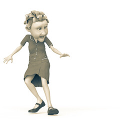 grandma nurse cartoon looking down and scared in white background