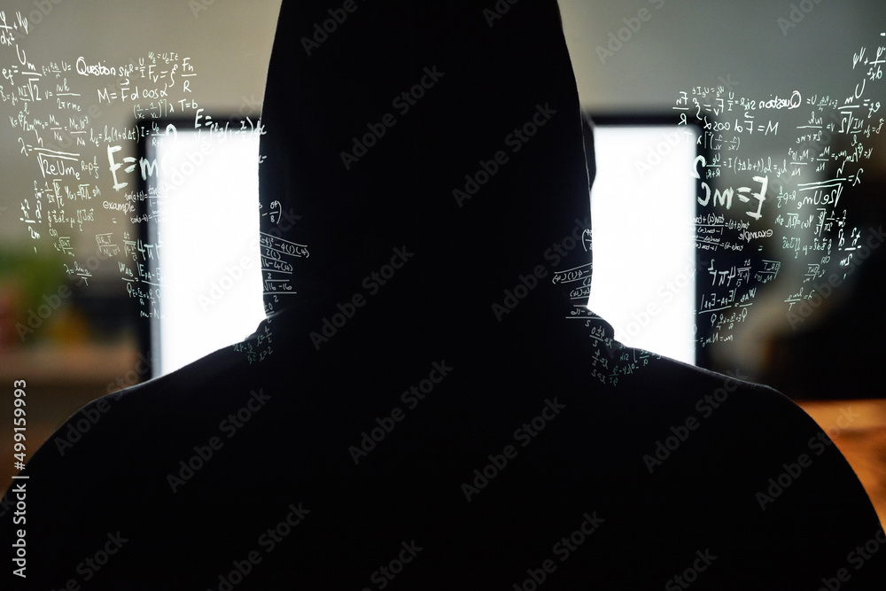 Poster Unravelling the code. Rearview shot of an unidentifiable hacker cracking a computer code in the dark.