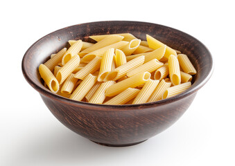 Uncooked penne pasta in ceramic bowl isolated on white background with clipping path