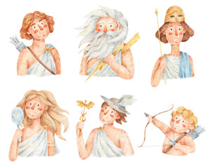 Ancient greek gods and goddesses set. Zeus, Apollo, Aphrodite, Athena, Hermes, Cupid. Watercolor hand-drawn greece, myth, culture, history illustrations 