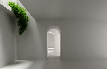 3d rendering of an empty concrete room with an entrance archway and plants on the wall, product presentation space or gallery