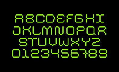 Low pixel font. Modern latin alphabet. Uppercase, letters and numbers. Stylish type for contemporary logo, print, header.