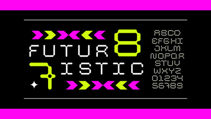 Futuristic pixel font. Modern latin alphabet. Uppercase, letters and numbers. Stylish type for contemporary logo, print, header.