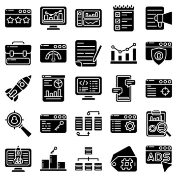 Glyph web icons set - seo, search engine optimization, marketing. Line web icons collection. Special filled icons style.