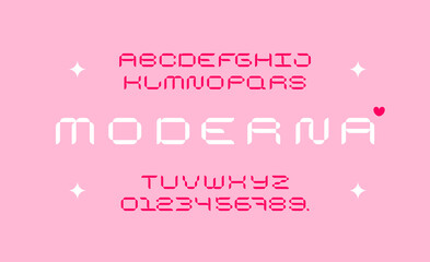 Fototapeta na wymiar Feminime cyber font. Trendy pixel modern latin alphabet. Uppercase, letters and numbers. Stylish type for contemporary logo, print, header.