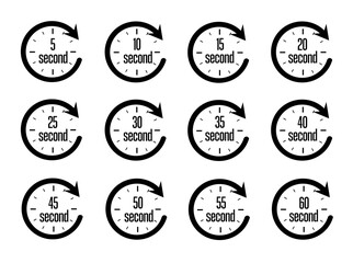 Stopwatch arrow icons set 5, 10, 15, 20, 25, 30, 35, 40, 45, 50, 55, 60, seconds. Countdown time.
Service time.
Vector illustration.