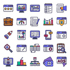 Special lineal color web icons set - seo, search engine optimization, marketing. Line web icons collection. Special filled outline icons style.