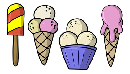 Set of sweet ice cream, cold sweet snack, cartoon-style illustrations