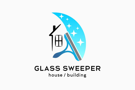 Glass cleaner or glass sweeper logo design, silhouette of a rubber glass cleaner combined with a house icon