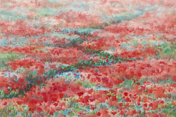 Red poppy field abstract watercolor background. Summer landscape