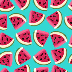 Watermelon pattern. Summer fruit background. Watermelon slice print. Juicy fruit backdrop. Ripe, fresh colorful fruit n black background. Textile, fabric texture. Watermelon wallpaper.
