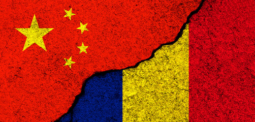 China and Romania. Flags background. Concept of politics, economy, culture and conflicts, war. Friendships and cooperation. Painted on concrete walls banner photo